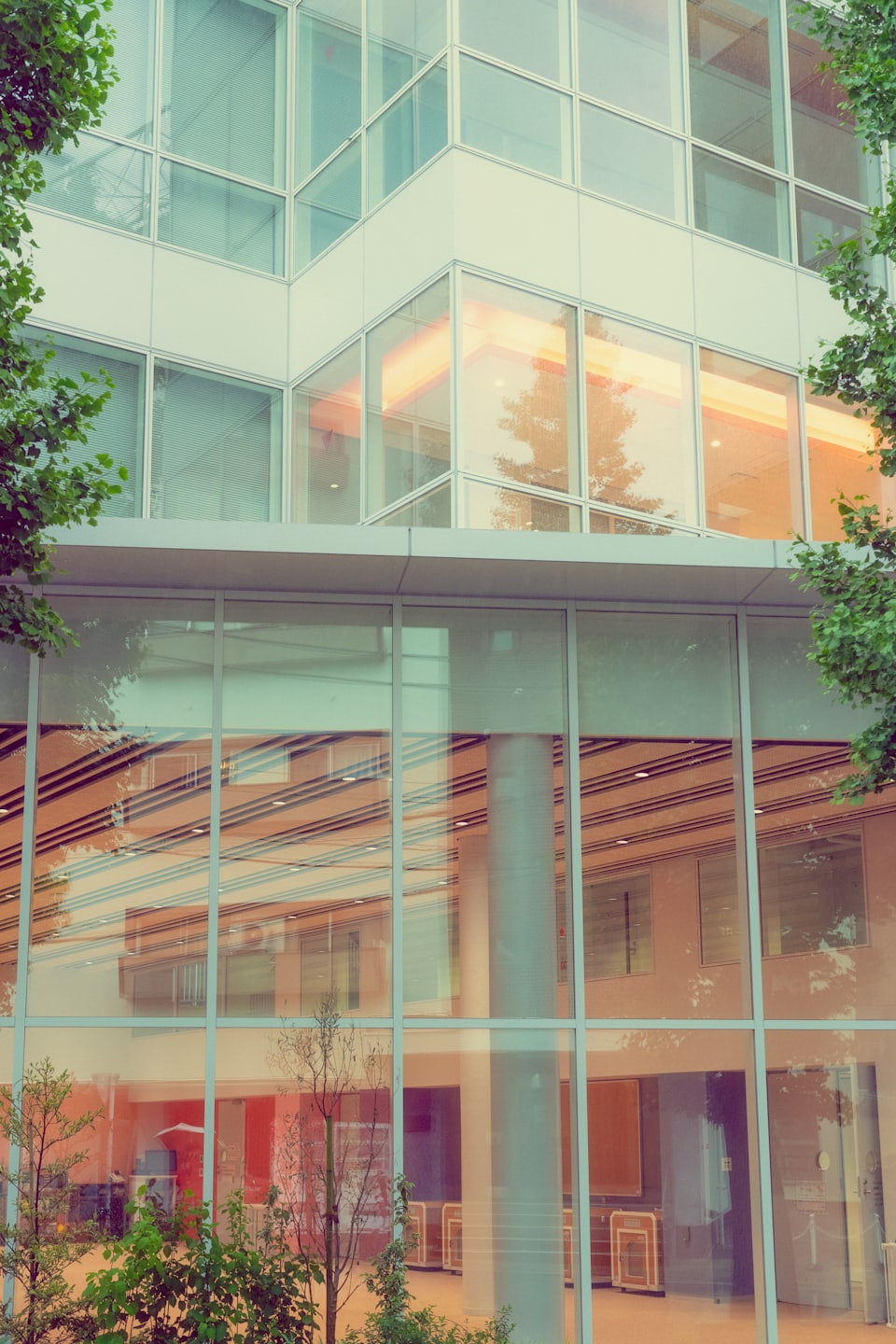 Modern glass corporate building surrounded by green trees.